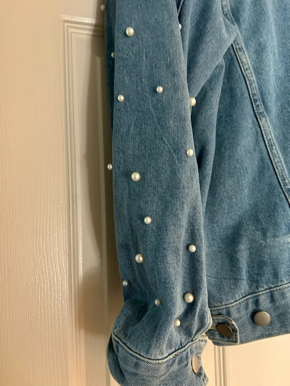 Free People Pearl-Embellished Denim Jacket With Distressing. Oversize fit. - Picture 8 of 8